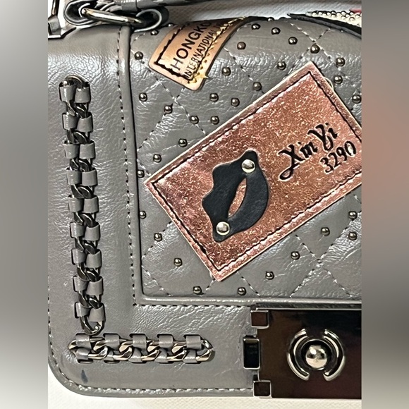 La Polo Women’s Crossbody Bag Gray Silver Faux Leather Patches Designer Purse - Picture 5 of 14